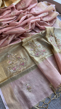 Tissue Linen Silk Banarasi Saree with Pearl & Resham Work