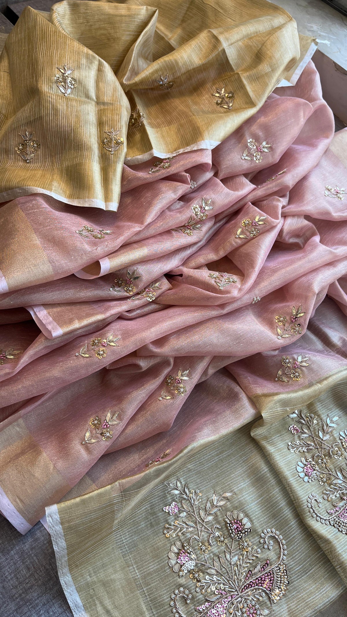 Tissue Linen Silk Banarasi Saree with Pearl & Resham Work