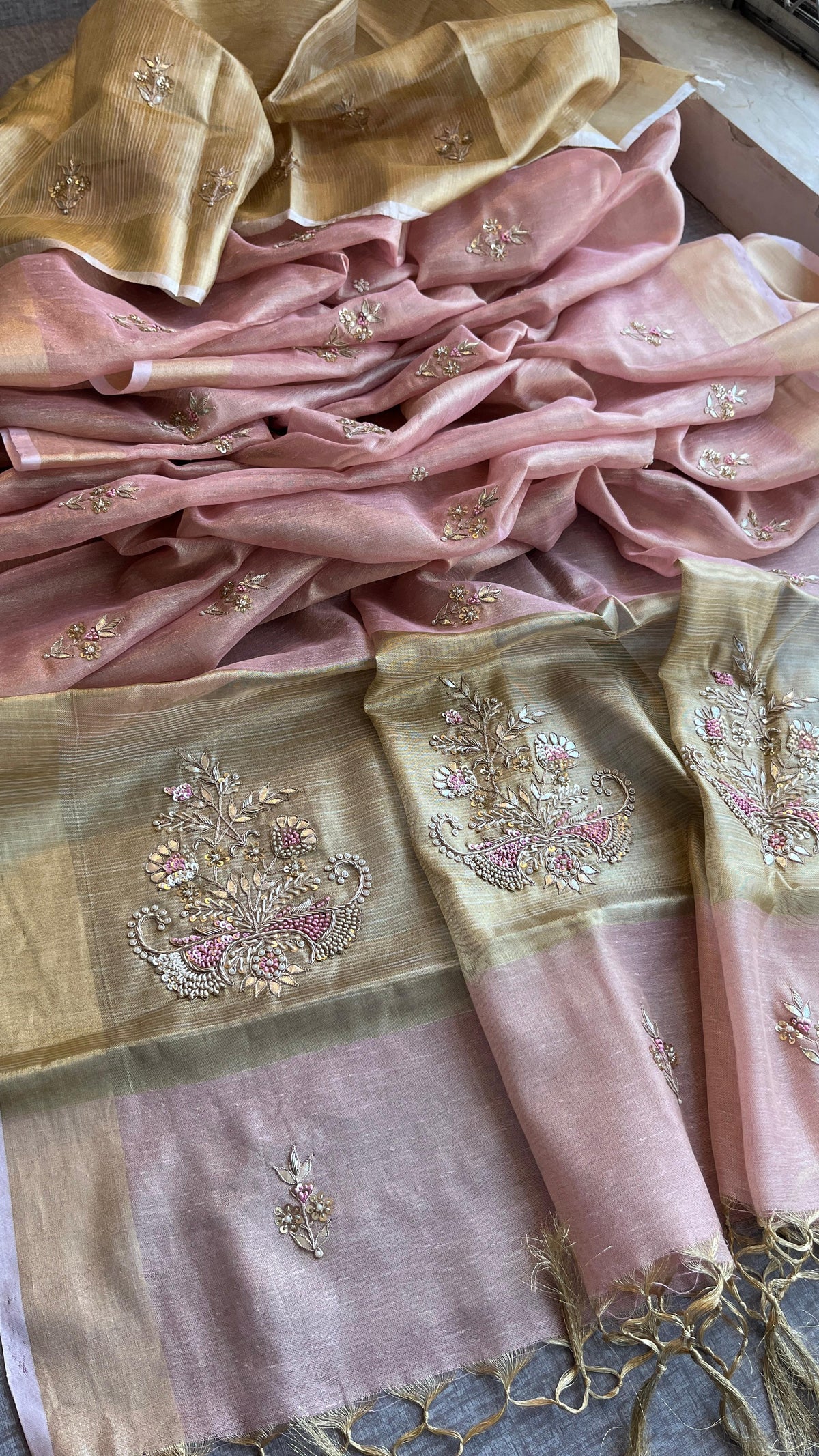 Tissue Linen Silk Banarasi Saree with Pearl & Resham Work