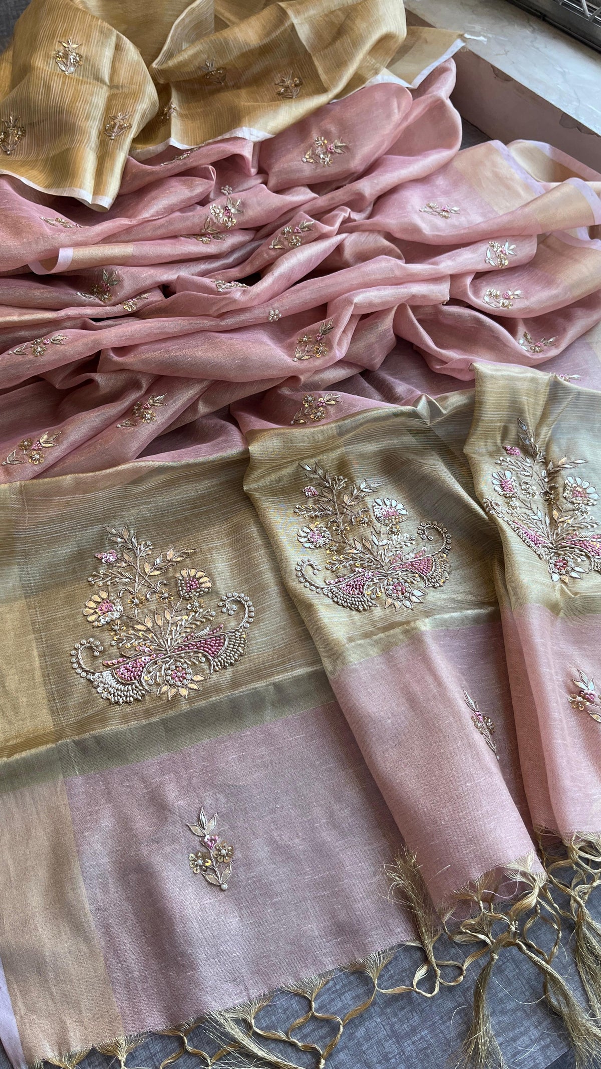 Tissue Linen Silk Banarasi Saree with Pearl & Resham Work