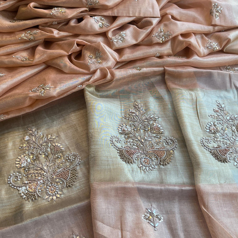Tissue Linen Silk Banarasi Saree with Pearl & Resham Work