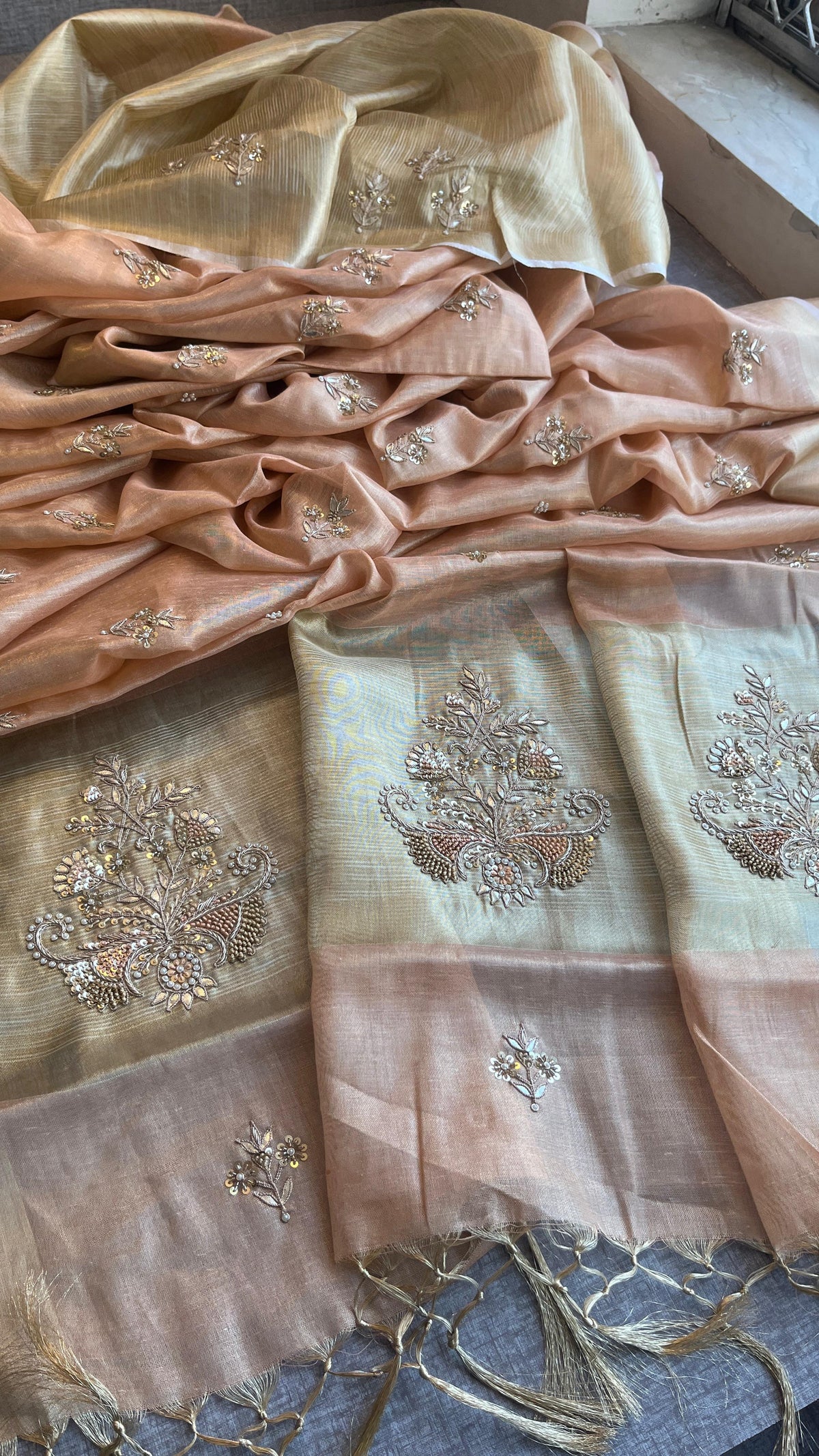 Tissue Linen Silk Banarasi Saree with Pearl & Resham Work