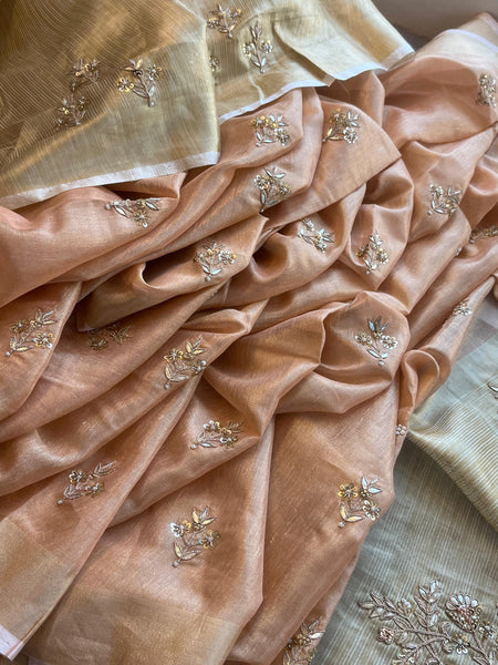 Tissue Linen Silk Banarasi Saree with Pearl & Resham Work