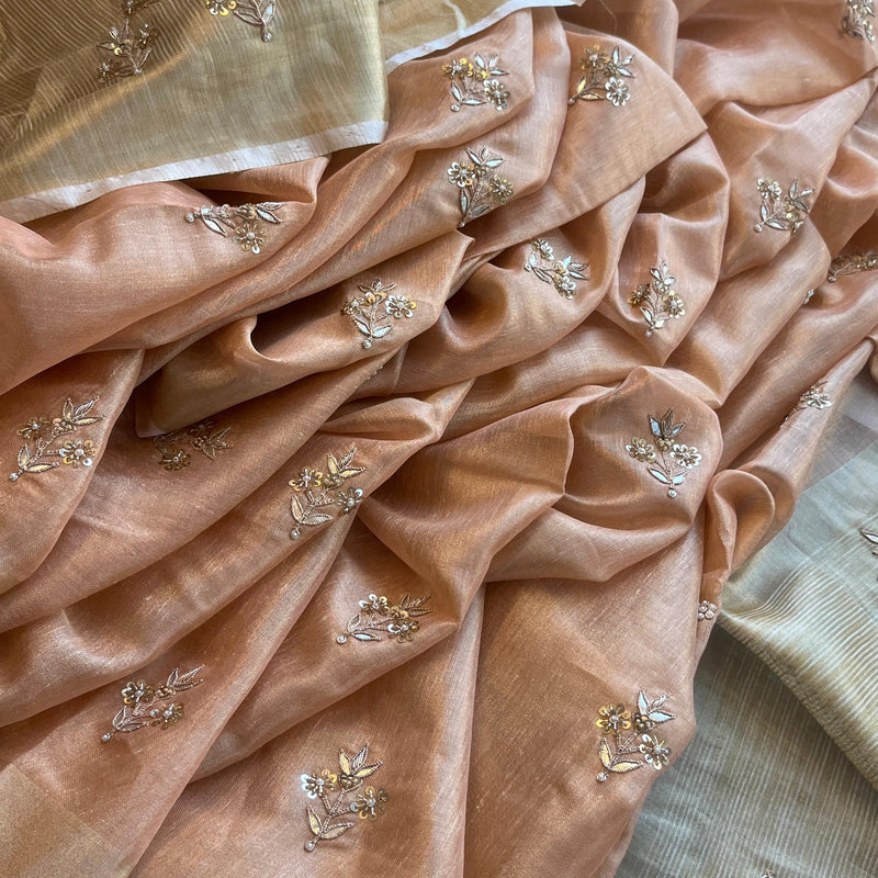 Tissue Linen Silk Banarasi Saree with Pearl & Resham Work