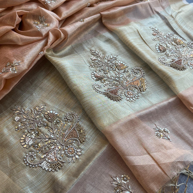 Tissue Linen Silk Banarasi Saree with Pearl & Resham Work