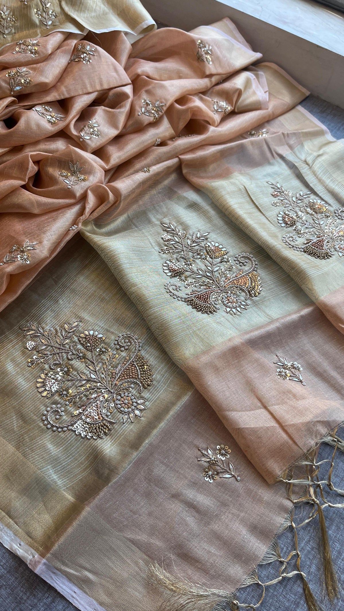 Tissue Linen Silk Banarasi Saree with Pearl & Resham Work