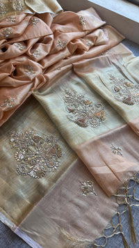 Tissue Linen Silk Banarasi Saree with Pearl & Resham Work