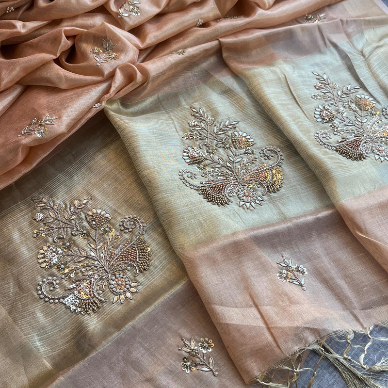 Tissue Linen Silk Banarasi Saree with Pearl & Resham Work