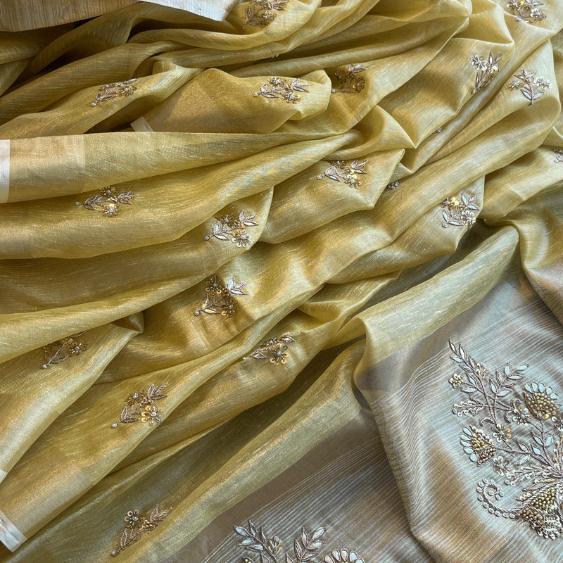 Tissue Linen Silk Banarasi Saree with Pearl & Resham Work