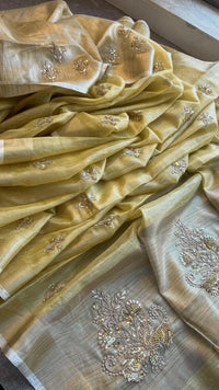 Tissue Linen Silk Banarasi Saree with Pearl & Resham Work