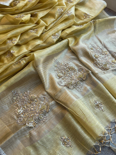 Tissue Linen Silk Banarasi Saree with Pearl & Resham Work
