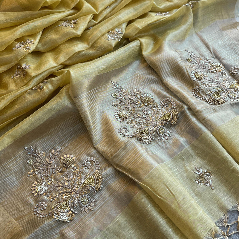 Tissue Linen Silk Banarasi Saree with Pearl & Resham Work