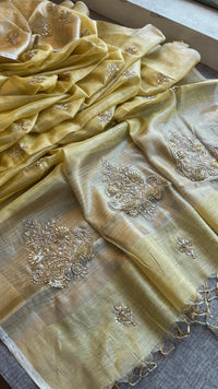 Tissue Linen Silk Banarasi Saree with Pearl & Resham Work