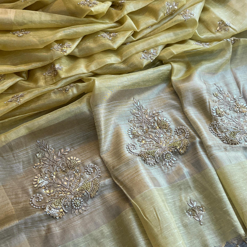 Tissue Linen Silk Banarasi Saree with Pearl & Resham Work