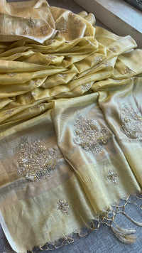 Tissue Linen Silk Banarasi Saree with Pearl & Resham Work