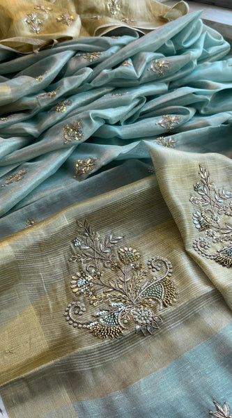 Tissue Linen Silk Banarasi Saree with Pearl & Resham Work