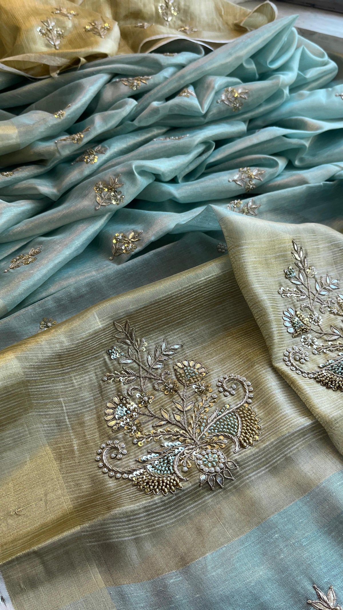 Tissue Linen Silk Banarasi Saree with Pearl & Resham Work