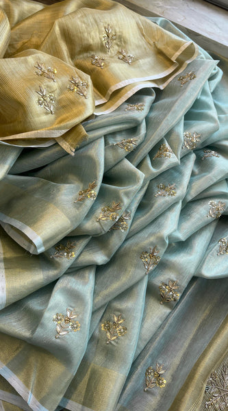 Tissue Linen Silk Banarasi Saree with Pearl & Resham Work