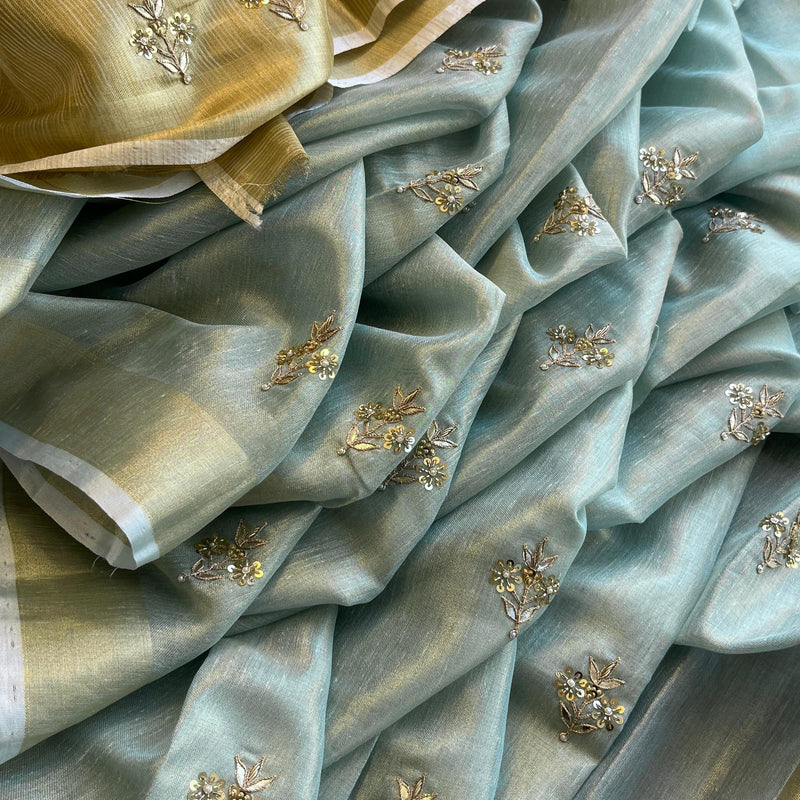 Tissue Linen Silk Banarasi Saree with Pearl & Resham Work