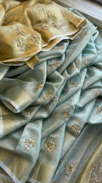 Tissue Linen Silk Banarasi Saree with Pearl & Resham Work