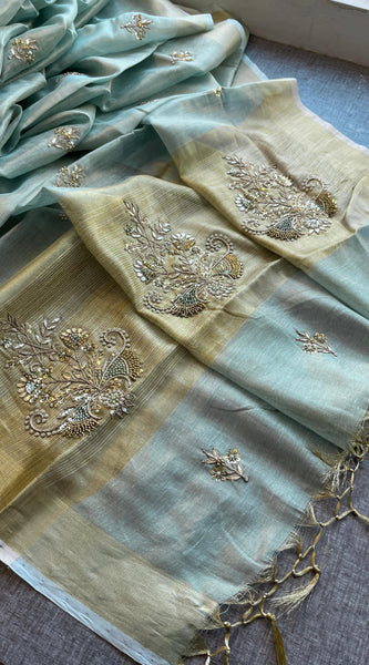 Tissue Linen Silk Banarasi Saree with Pearl & Resham Work