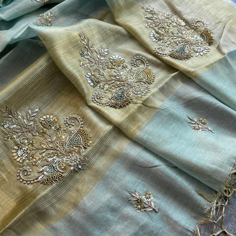 Tissue Linen Silk Banarasi Saree with Pearl & Resham Work