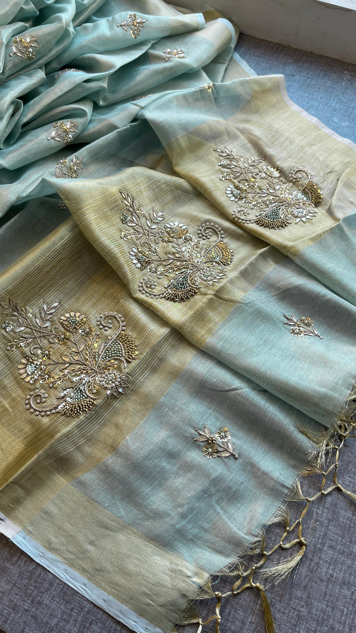 Tissue Linen Silk Banarasi Saree with Pearl & Resham Work