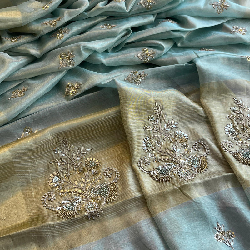 Tissue Linen Silk Banarasi Saree with Pearl & Resham Work