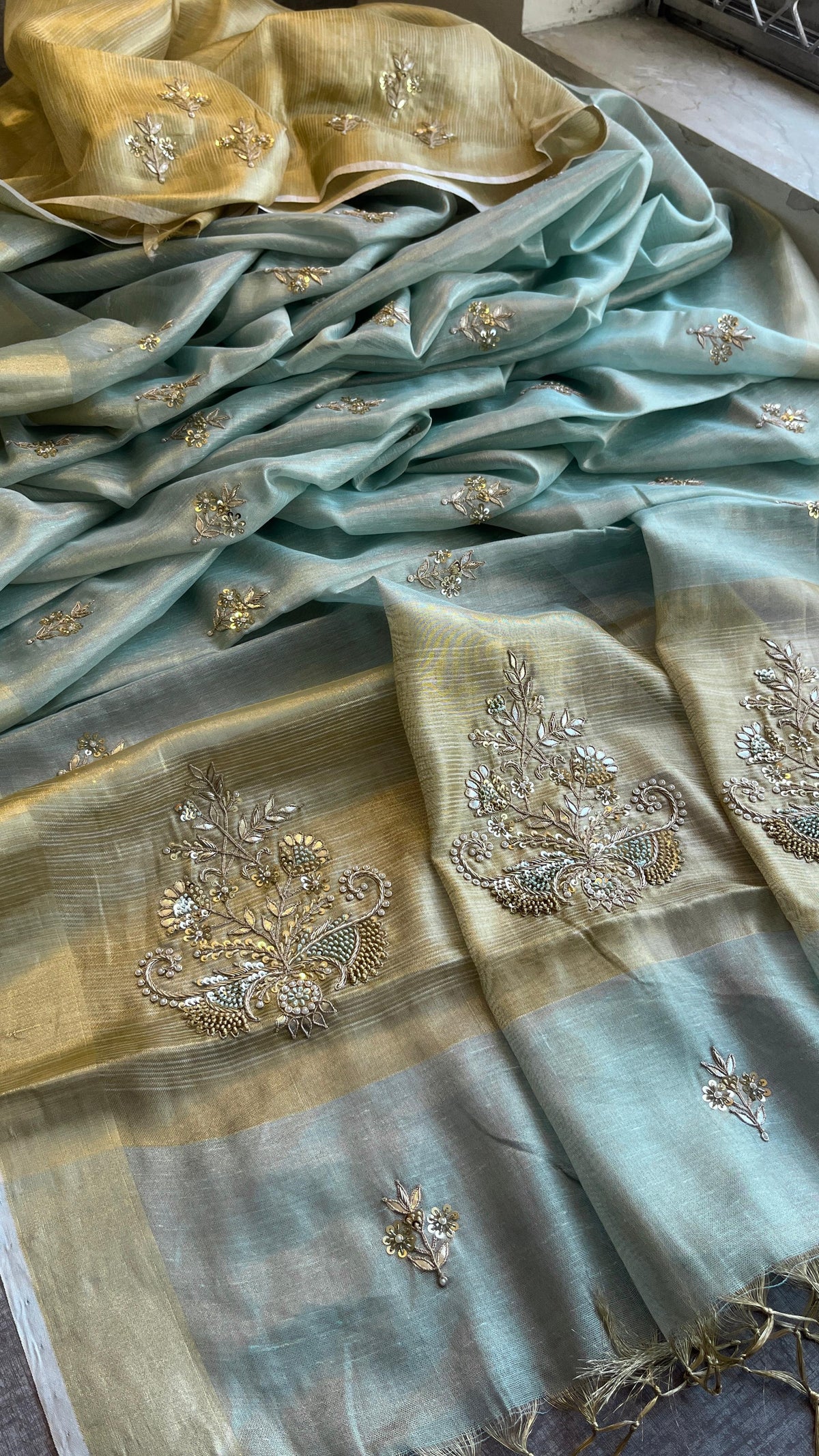Tissue Linen Silk Banarasi Saree with Pearl & Resham Work