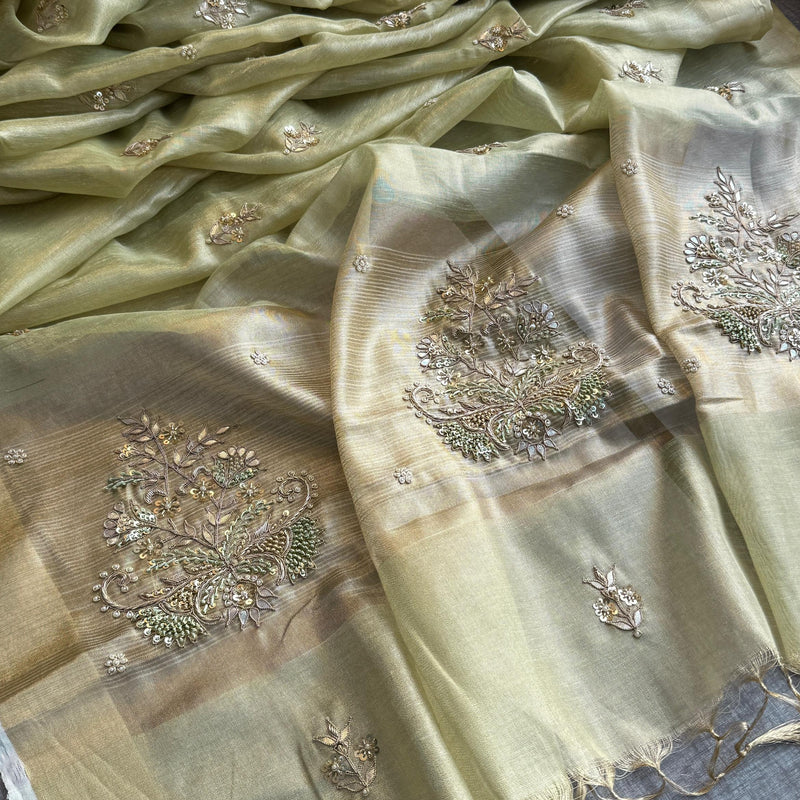 Tissue Linen Silk Banarasi Saree with Pearl & Resham Work