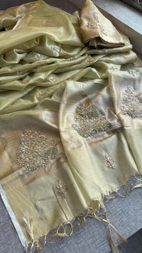 Tissue Linen Silk Banarasi Saree with Pearl & Resham Work