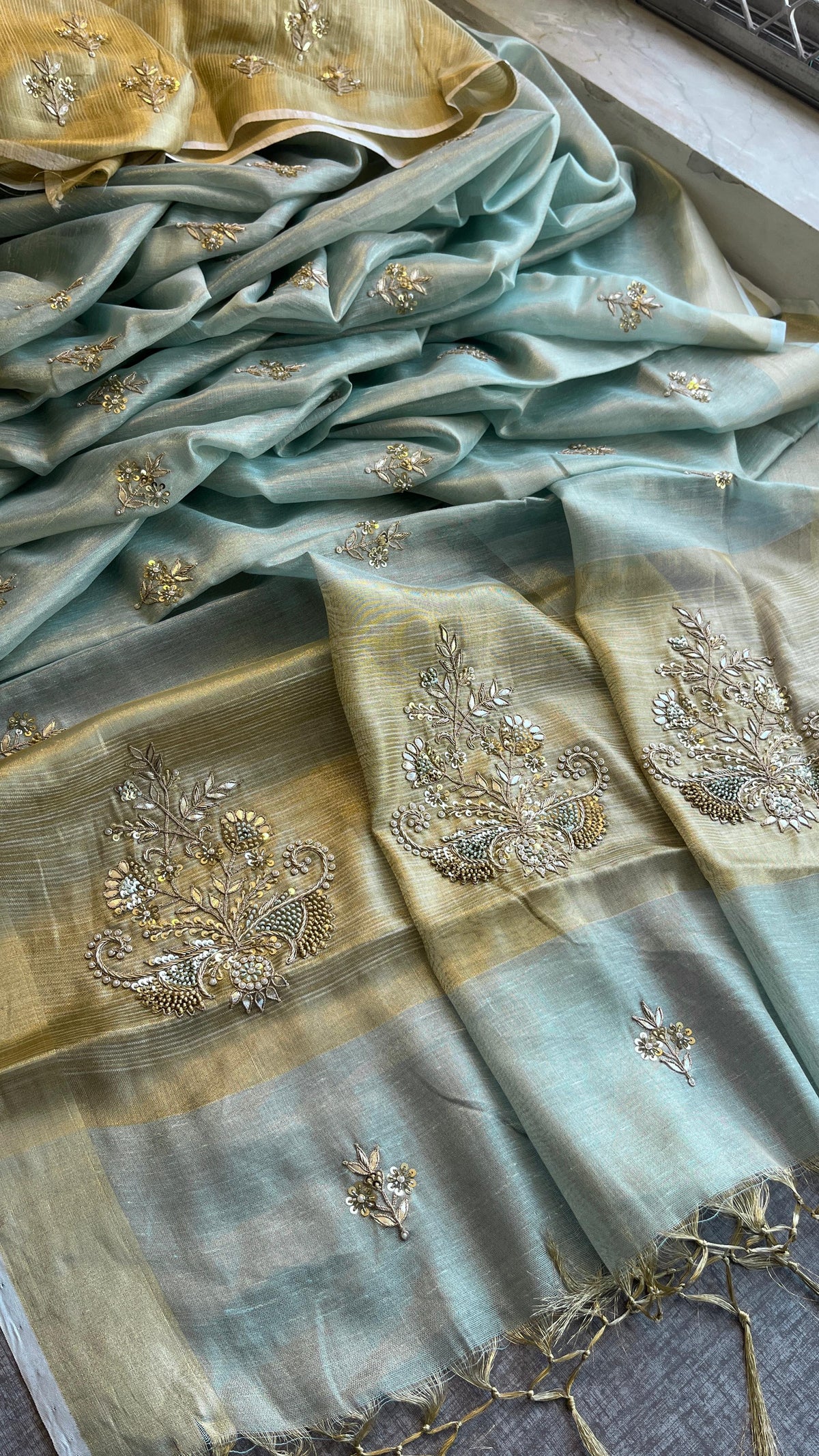 Tissue Linen Silk Banarasi Saree with Pearl & Resham Work