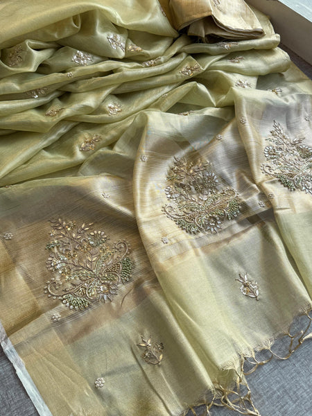 Tissue Linen Silk Banarasi Saree with Pearl & Resham Work