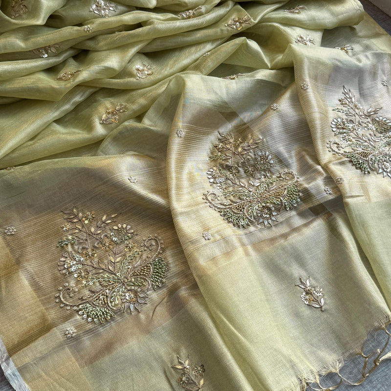 Tissue Linen Silk Banarasi Saree with Pearl & Resham Work