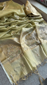 Tissue Linen Silk Banarasi Saree with Pearl & Resham Work