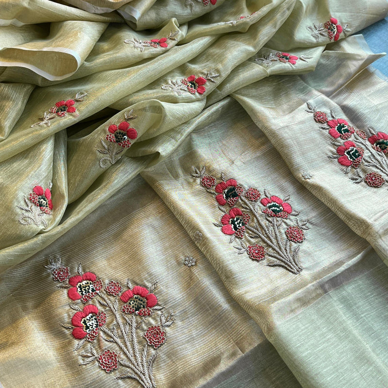 Banarasi Tissue Linen Silk Saree with Resham & Pearl Highlights