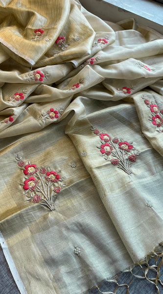 Banarasi Tissue Linen Silk Saree with Resham & Pearl Highlights