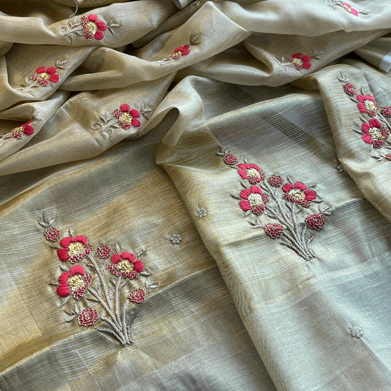 Banarasi Tissue Linen Silk Saree with Resham & Pearl Highlights