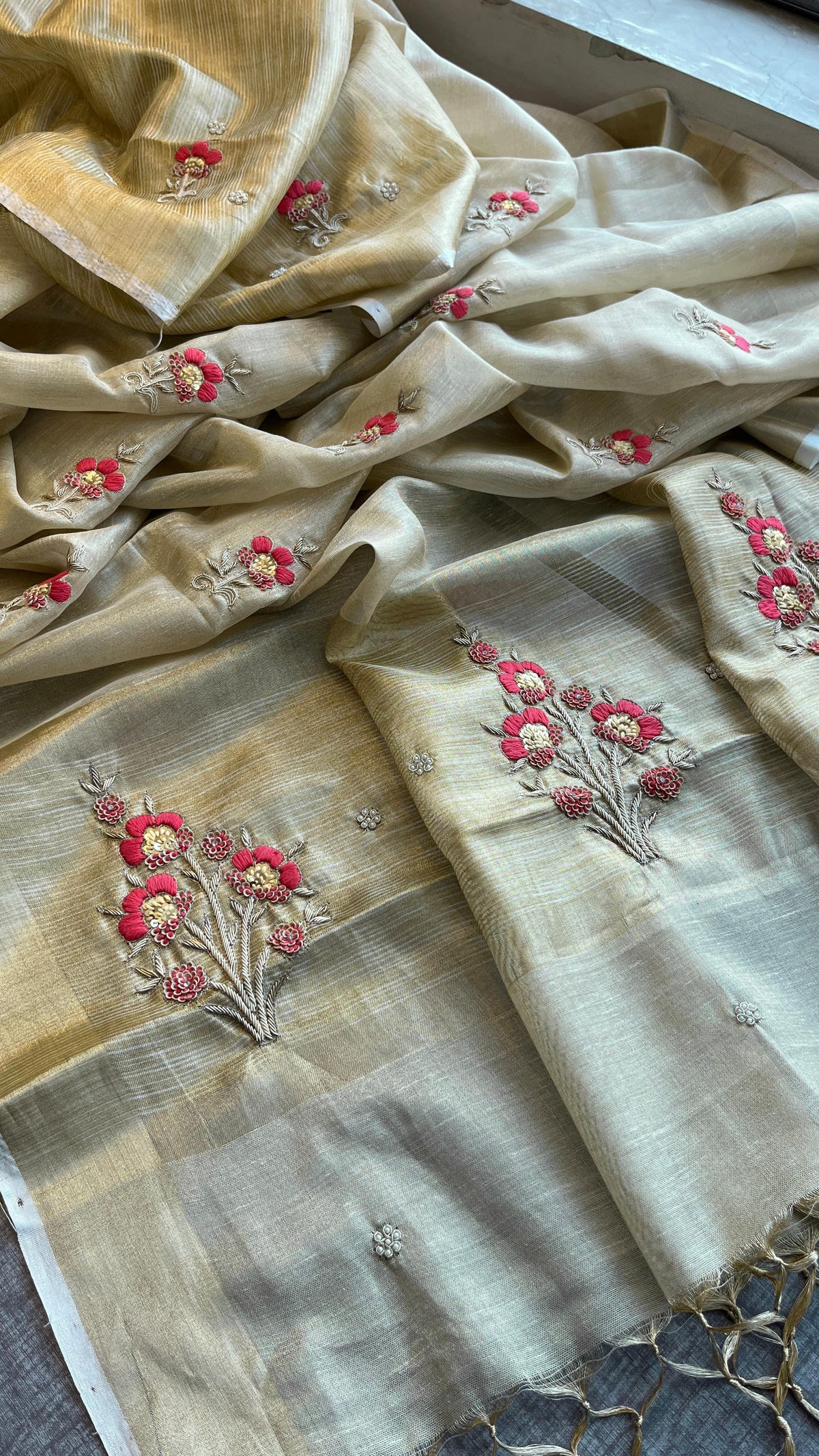 Banarasi Tissue Linen Silk Saree with Resham & Pearl Highlights