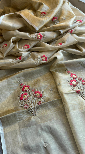 Banarasi Tissue Linen Silk Saree with Resham & Pearl Highlights