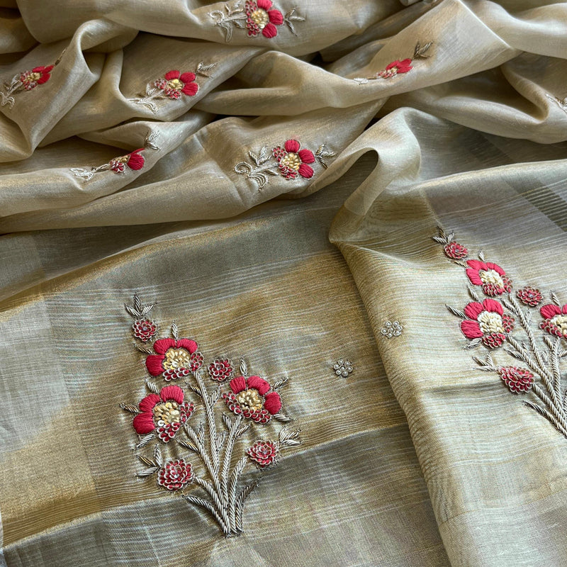 Banarasi Tissue Linen Silk Saree with Resham & Pearl Highlights