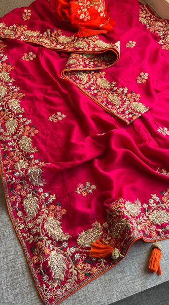 Munga Silk Saree with Zari, Resham & Pearl Embellishment