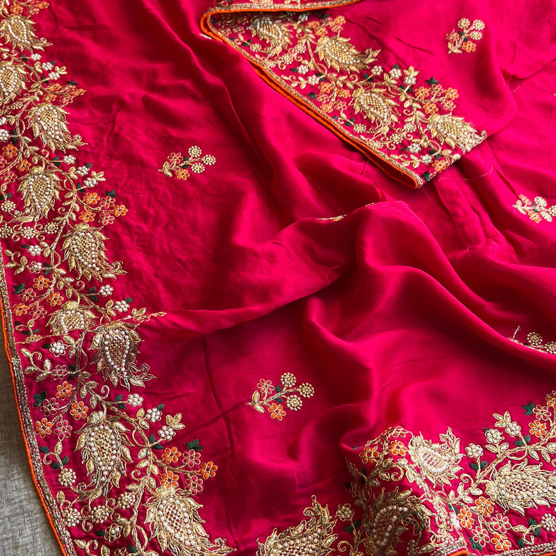 Munga Silk Saree with Zari, Resham & Pearl Embellishment