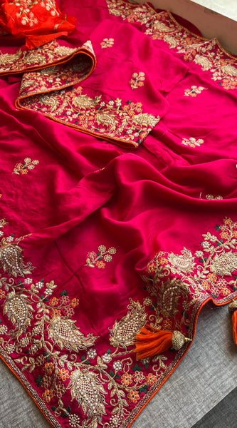 Munga Silk Saree with Zari, Resham & Pearl Embellishment