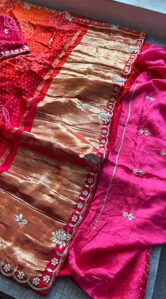 Gajji Bandhani Silk Banarasi Saree with Pearl & Gotapatti