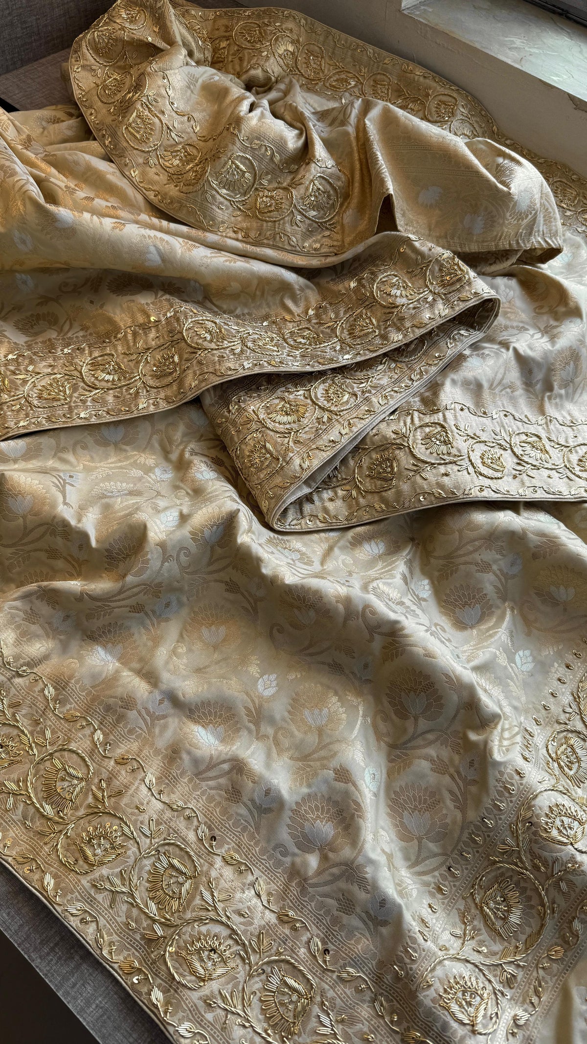 Munga Banarasi Silk Saree with Zardozi, Pearl & Sequins