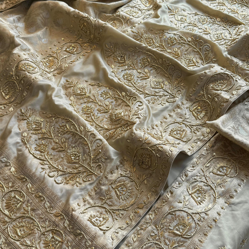 Munga Banarasi Silk Saree with Zardozi, Pearl & Sequins