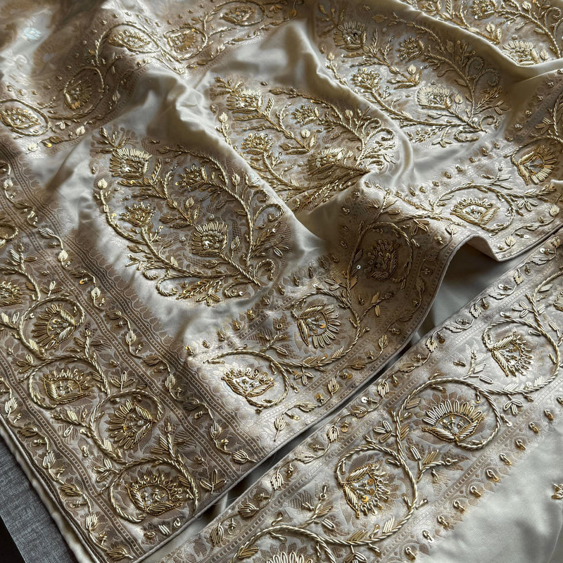 Munga Banarasi Silk Saree with Zardozi, Pearl & Sequins