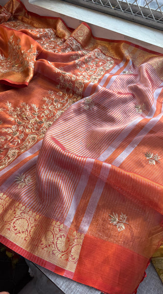 Tissue Handloom Banarasi Silk Saree with Kasab & Kutdana Work