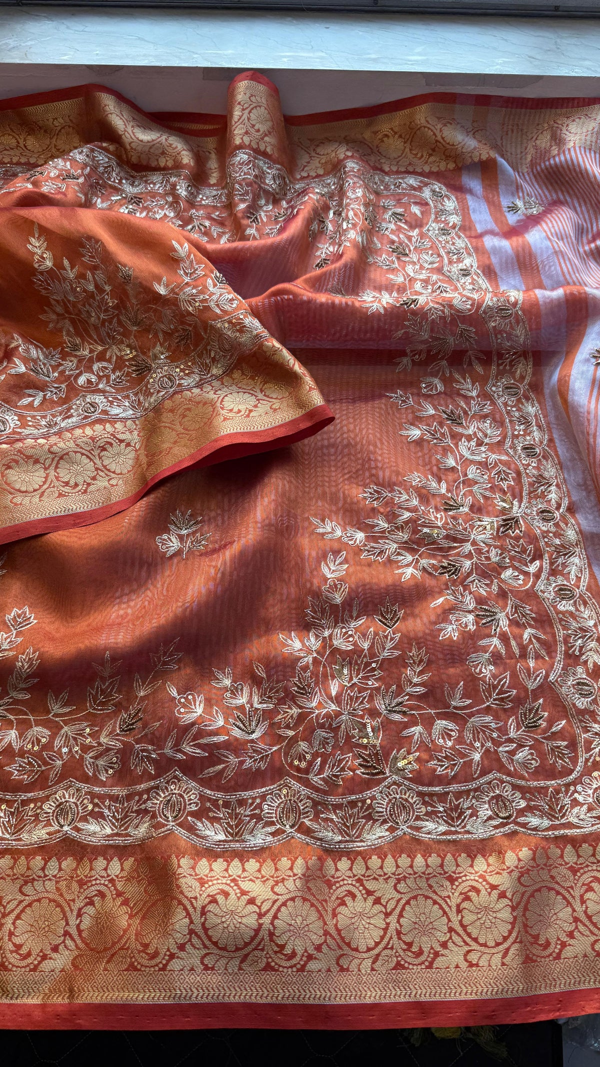 Tissue Handloom Banarasi Silk Saree with Kasab & Kutdana Work